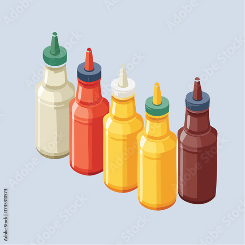 Illustration of five different condiment bottles, including mayonnaise, ketchup, and mustard, arranged in a row on a light blue background.