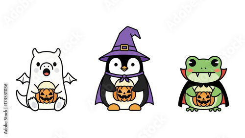 Halloween Creatures' Gathering: Three adorable, cartoonish characters, a friendly dragon, a penguin, and a frog, each dressed in festive attire.