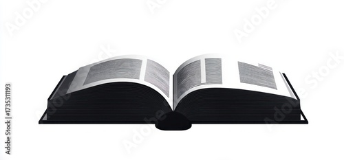 Open book with thick black pages and text blocks, viewed from the side on a white background conveying knowledge and reading