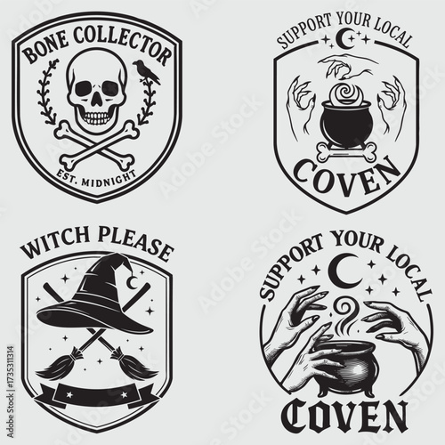 Halloween Coven and Bone Collector Emblems Featuring Skulls Witches Hats and Cauldrons Keywords: halloween, coven, support, your, local, witch, please, bone