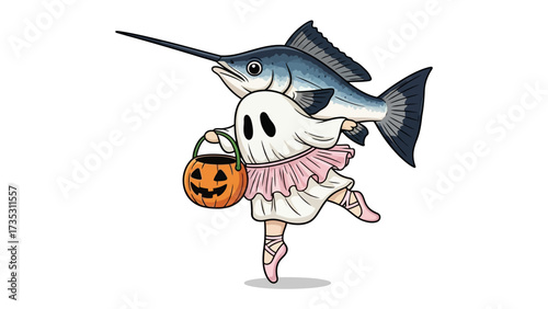 Dancing Halloween Ghost and Swordfish: A whimsical scene featuring a playful ghost in a tutu carrying a pumpkin basket, dancing joyfully with a swordfish on a clean background.