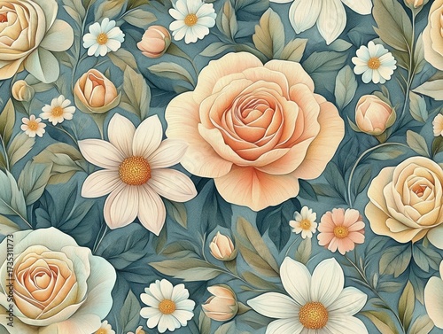 Seamless pattern of blooming cream roses and white daisies with green leaves creating a soft, elegant floral background