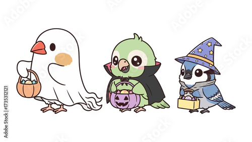 Halloween Bird Parade: Three adorable birds dressed in costumes, embodying the Halloween spirit, walk across the stage in a delightful Halloween celebration