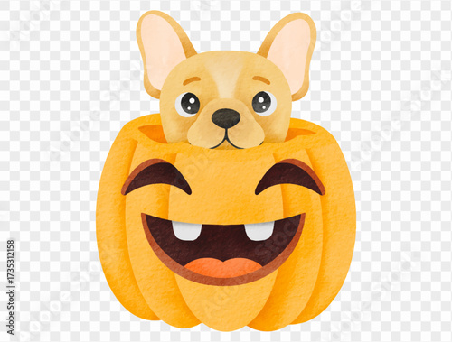 Cute dog inside pumpkin kawaii spooky Halloween festive Vector.