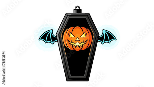 Eerie Halloween Coffin: A stylized, yet unnerving Halloween ornament, crafted as a coffin with piercing eyes. The central pumpkin, its features illuminated by a bright aura.