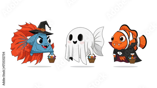 Halloween Fish Fantasy: A trio of whimsical cartoon fish in festive Halloween costumes. The blue fish sports a witch's hat and vampire fangs.