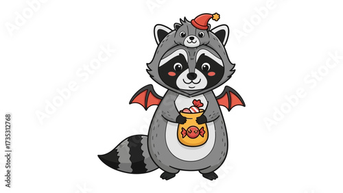 Halloween Raccoon with Candies: A playful cartoon raccoon adorned with a small hat and small wings gleefully clutches a bag filled with tempting sweets and delightful candies.