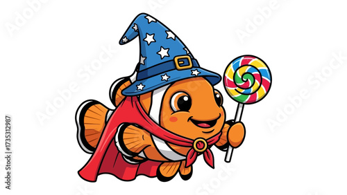 Clownfish Wizard's Enchantment: An enchanting clownfish, adorned with a wizard's hat and cape, beams joyfully as it holds a colorful lollipop. Perfect for designs that celebrate imagination. 