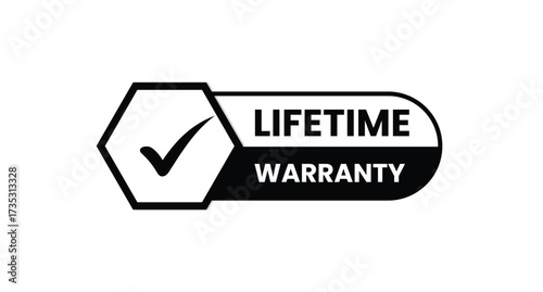 Black Lifetime Warranty Badge with Shield and Checkmark Icon on White Background