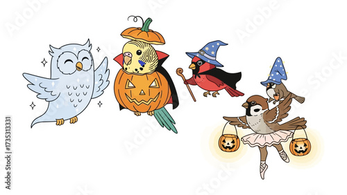 Whimsical Halloween Parade: A charming ensemble of bird illustrations, each adorned in festive costumes, celebrates the joy and magic of Halloween, casting a spell of delight.