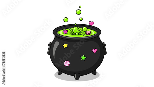 Enchanting Brew: An illustrated cauldron bubbles with vibrant green potion, adorned with playful shapes, perfect for a whimsical scene. 