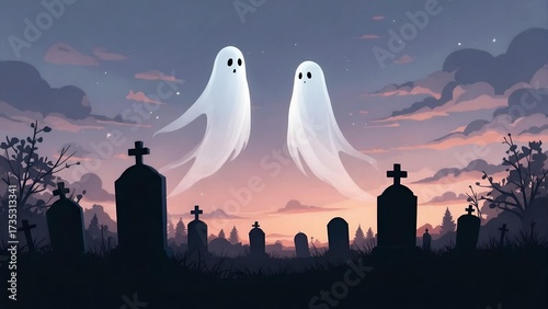 Ghostly Figures in a Sunset Graveyard