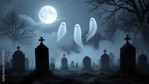 Ghostly Figures in a Sunset Graveyard