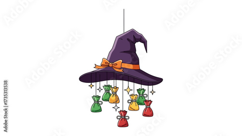 Halloween Magic Hat: A whimsical witch's hat adorned with colorful charms, perfect for adding a touch of enchantment to your Halloween decorations.