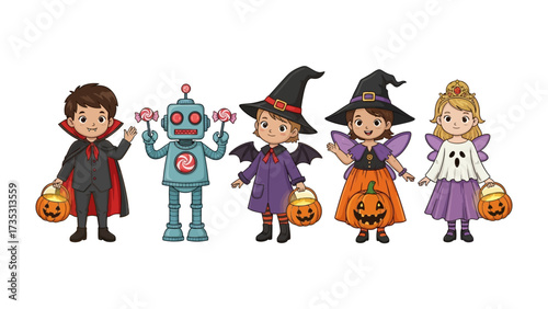 Halloween Costume Parade: A charming illustration captures five children dressed in various Halloween costumes, each holding a pumpkin-shaped treat bag.