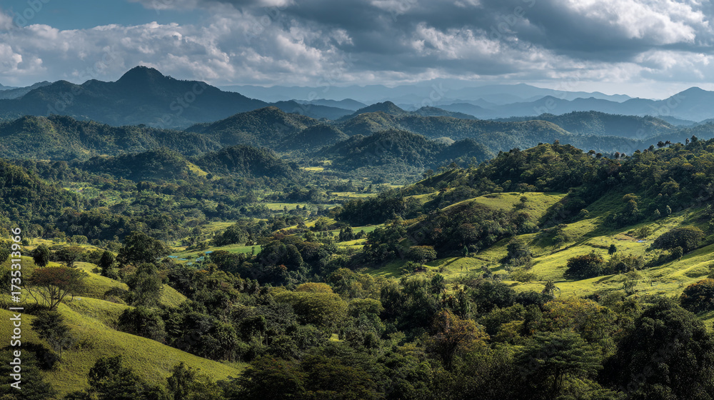 Fototapeta premium Lush green hills and mountains under a cloudy sky creating a scenic landscape view from above