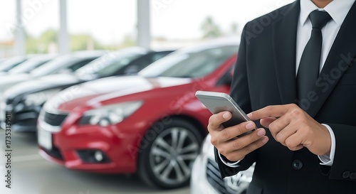 Car dealership sales professional using smartphone for customer communication effectively