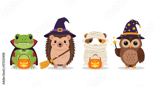 Spooky Halloween Friends Gathering: Adorable creatures, a frog in a vampire cape, a hedgehog as a witch, a guinea pig as a mummy, and a magical owl.