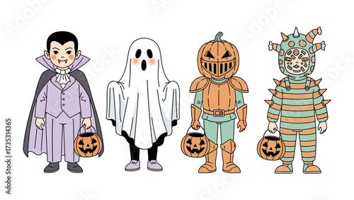 Halloween Costumes: A quartet of children, each adorned in whimsical Halloween costumes, holds up their treat bags, ready to revel in the spooky festivities.