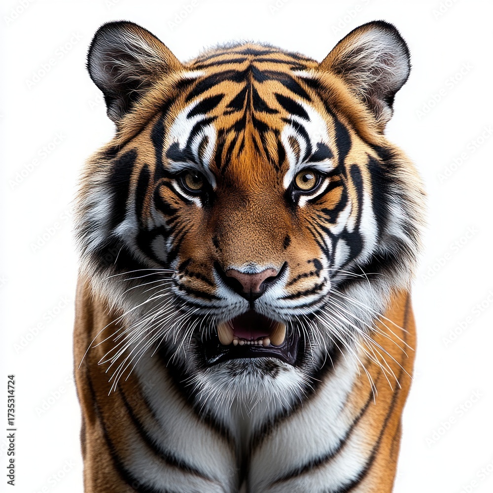 Fototapeta premium Close-up of a majestic tiger looking directly at the camera with intense eyes and slightly open mouth, showcasing its sharp features and vibrant striped fur