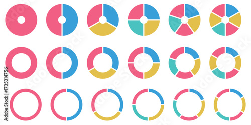 Pie charts diagram set. Circle pie charts 1,2,3,4,5,6,7,8,9,10,11,12 sections. Wheel round segment infographic part. Circle section graph. Pie charts diagrams