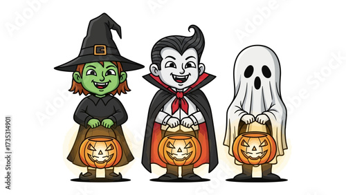 Halloween characters: Delightful Halloween characters, a witch, vampire, and ghost holding trick or treat bags, ready for fun in a cartoon illustration. 