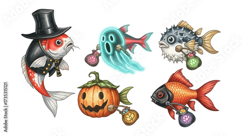 Spooky Fish in Halloween: An imaginative illustrations of Halloween-themed fish in a vibrant portrayal, each with a unique costume, perfect for capturing the festive spirit.