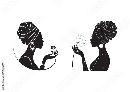 Elegant African woman silhouette with headwrap and flower illustration