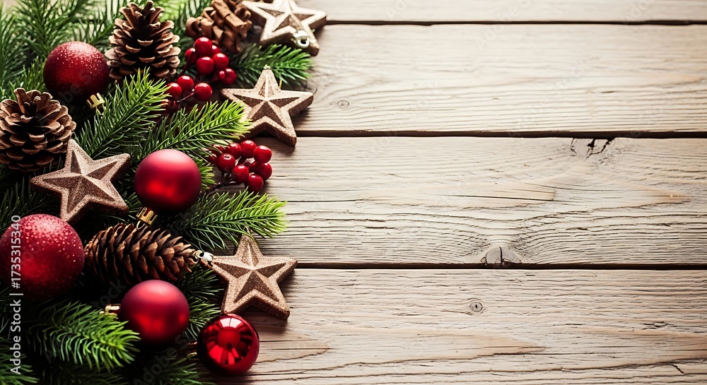 Fototapeta premium Festive christmas decoration with pine branches, ornaments, stars, and berries on a rustic wooden background, creating a cozy and inviting atmosphere