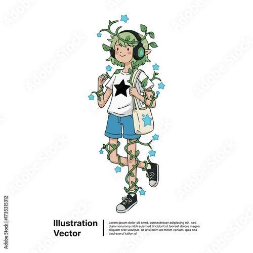 Young person with green hair and headphones wrapped in whimsical star-vine nature illustration