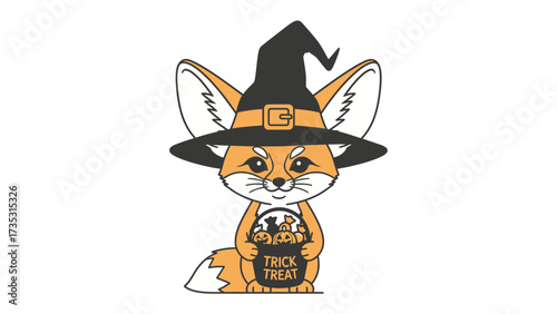 Enchanting Halloween Fox: This image portrays an adorable, cartoonish fox adorned with a witch's hat, holding a Trick or Treat bucket, all set against a simple, festive backdrop. 