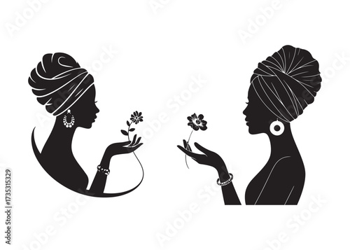 Elegant African woman silhouette with headwrap and flower illustration