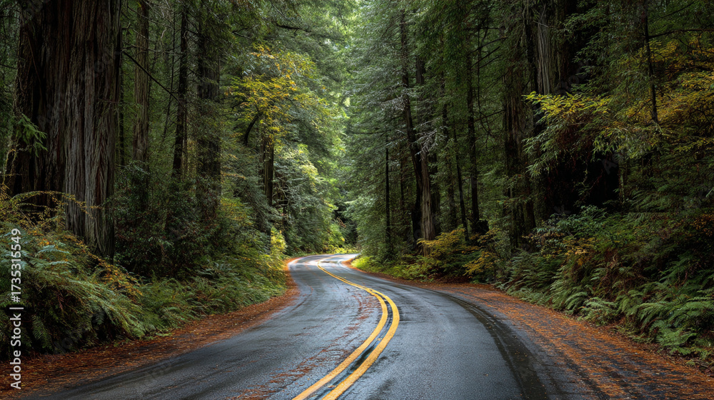 Fototapeta premium A winding road through a dense forest with tall trees and lush green vegetation on either side