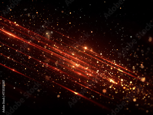 Abstract red light trails with glowing sparks on dark background
