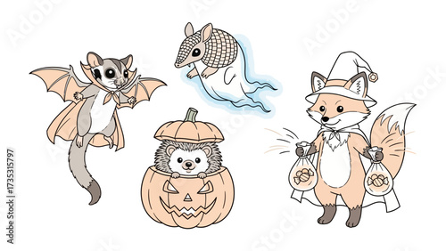 Spooky Animal Costume Set: A collection of charming animal illustrations dressed in playful Halloween costumes, celebrating the festive spirit with a whimsical touch.