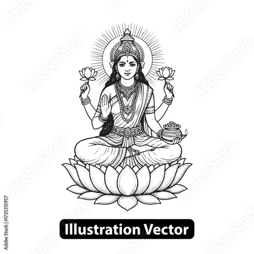 Intricate black and white vector art of Goddess Lakshmi, revered Hindu deity of wealth and prosperity