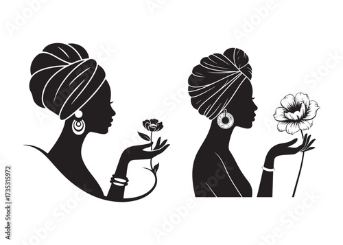 Elegant African woman silhouette with headwrap and flower illustration