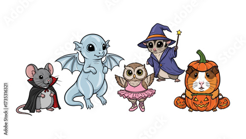 Halloween Fantasy: A whimsical Halloween illustration showcases a collection of adorable fantasy creatures including a vampire mouse, a charming dragon, a wise owl, a wizard.