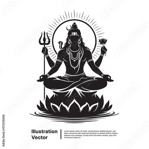 Serene Lord Shiva Silhouette Meditating on Sacred Lotus, Embodying Divine Peace and Spiritual Enlightenment