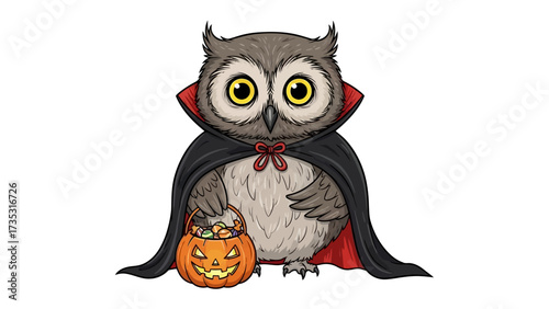 Owl in Halloween Costume: An adorable cartoon owl, dressed in a classic vampire cloak, clutching a jack-o'-lantern filled with treats, perfect for a spooky celebration.