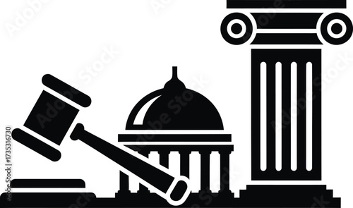 Legal justice symbolism with gavel courthouse and column