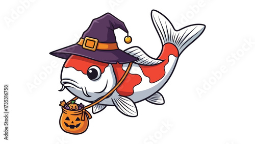 Halloween Koi: A charming Koi, playfully adorned with a witch's hat, carries a Jack o'lantern trick-or-treat bag, conjuring the spirit of Halloween with a unique twist. 