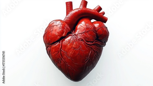 Realistic human heart model showing detailed arteries and veins against a white background
