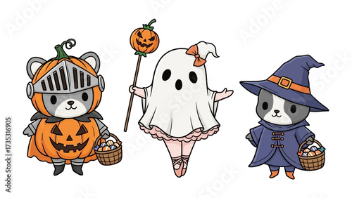 Spooky Costume Party: Three adorable raccoon characters dressed in charming Halloween costumes, ready for a night of spooky fun and trick-or-treating. 