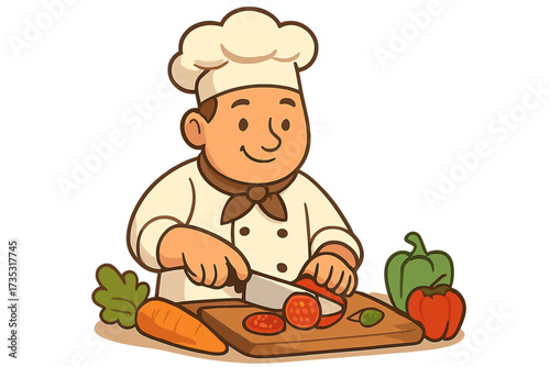 Happy chef cutting fresh vegetables on a cutting board. Male cook character in uniform preparing a healthy meal. Culinary vector illustration for restaurant, food blog, menu.