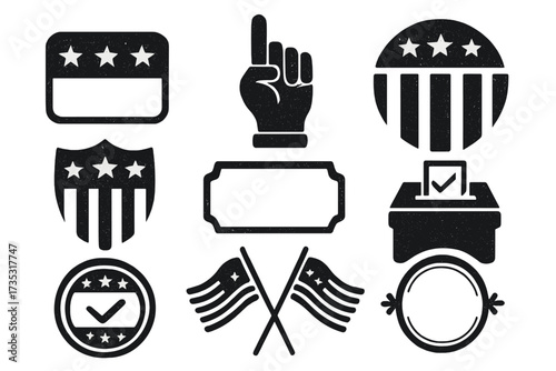USA election vector icon set. Grunge patriotic symbols for voting. American political campaign elements. Ballot box, flag, shield, and badge with retro texture. Vote concept.