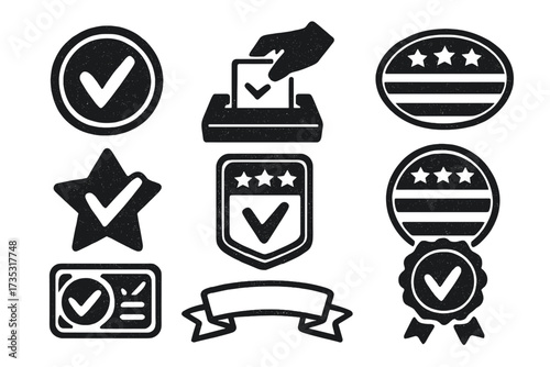 USA vote and election icon set. Grunge rubber stamp style symbols for politics. Patriotic badges, check marks, and ballot box vector elements. American democracy concept design.