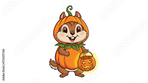 A Spooktacular Chipmunk: Adorable illustration of a charming chipmunk costumed in a pumpkin outfit, clutching a lantern in a whimsical, Halloween-themed illustration. 