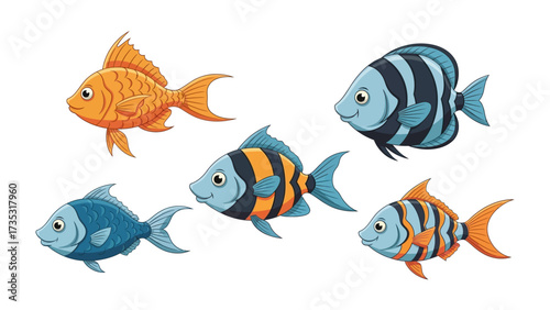 Aquatic Wonders: A captivating array of five vibrantly colored cartoon fish swimming gracefully, a harmonious blend of aquatic charm and fanciful design.