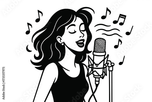 Woman singing into a professional microphone. Pop jazz singer performer at a nightclub party. Music concept vector. Female vocalist icon symbol logo in a minimal line art style.